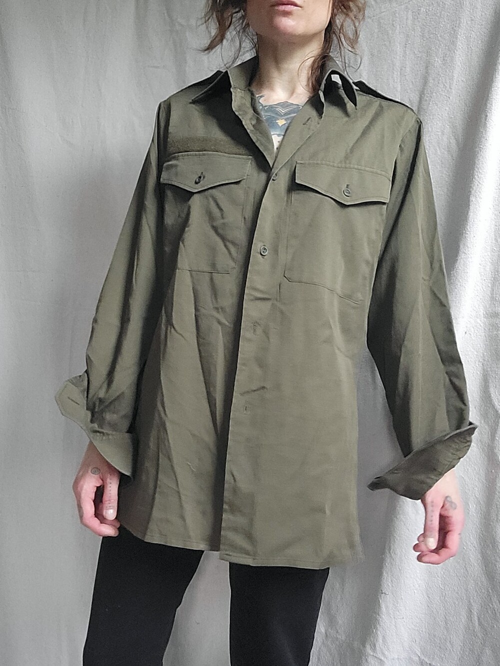 Vintage 1983 Austrian Army Field Shirt Jacket - Olive Drab Green Chore Coat L